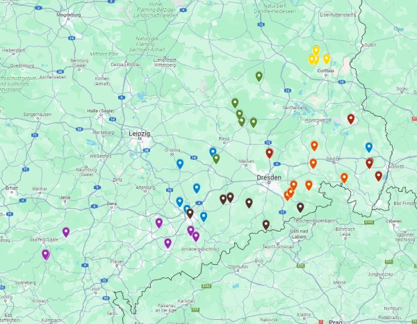Karte mit den Standorten der Mitglieder der Klauenpfleger eG in Sachsen, Sachsen-Anhalt und Thüringen