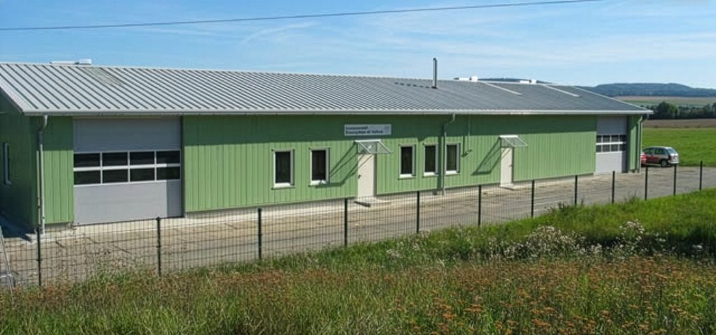 Eine grüne Klauenpflegerhalle mit einer Wiese im Vordergrund
